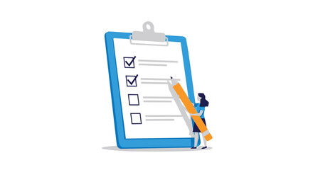 Businesswoman with clipboard and pencil checking tasks office supply checklist