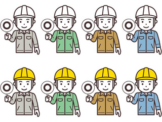 正解の札を上げるヘルメットと作業服を着用した男性のアイコン