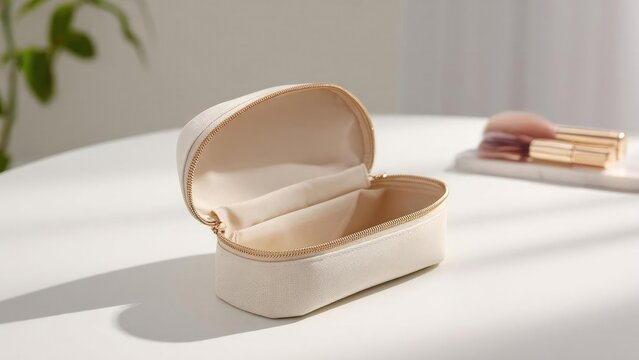 Open beige makeup bag with a gold zipper on a white table, makeup brushes blurred in the background. Concept Beige makeup bag, gold zipper, white table, makeup brushes, blurred background