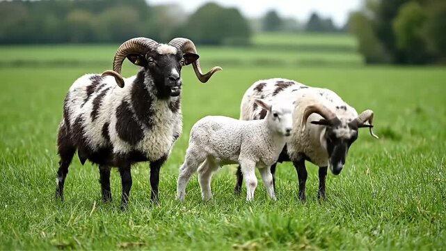 A heartwarming portrait of a blackface ram and ewe with their adorable lamb grazing peacefully in a lush green pasture on a sunny day