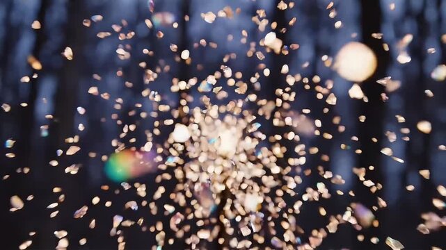 A single firework bursts in a dramatic display against a dark forest backdrop creating a sense of wonder and celebration with warm light streaks
