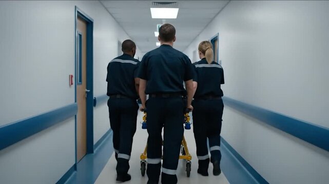 Emergency medical team transports patient down hospital hallway, urgent care, life saving.