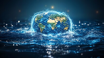 Illuminated digital globe surrounded by energetic lightning rests upon dark, turbulent ocean waves.