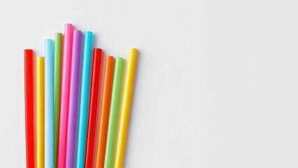 Fototapeta premium Colorful plastic drinking straws arranged diagonally on a light gray background. Concept Colorful straws flat lay, Diagonal composition, Minimalist studio shot, Bright color palette