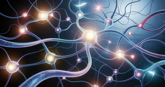 Vibrant neurons connect in dynamic neural network with glowing synapses