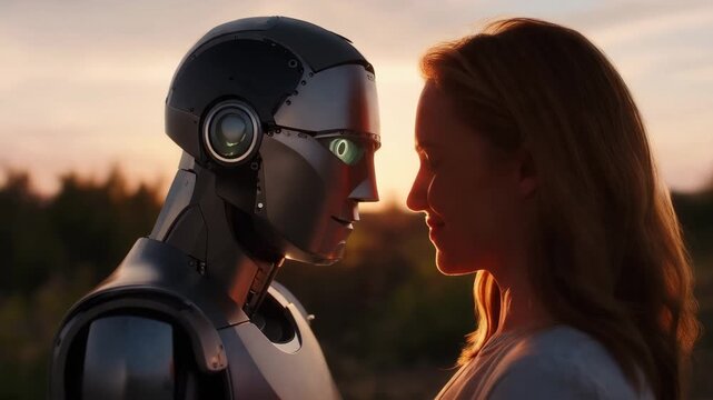 Woman and humanoid robot touching foreheads at sunset outdoors