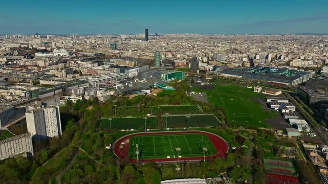 Paris, France - 25.07.2025: Panoramic view of Paris. Aerial view of stadiums Le Parc des Princes and Stade Jean-Bouin in Paris
