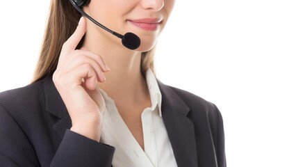 A customer service representative wearing a headset microphone. Concept Customer Support, Headset Microphone, Call Center, Professional Portrait, Corporate Communication