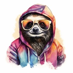 Fototapeta premium Cool sloth wearing sunglasses and a colorful hoodie embodies a relaxed vibe while exploring nature and its unique personality