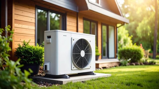 Outdoor heat pump unit near wooden house with green garden and sunny backyard