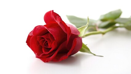 a single red rose with a green stem resting on a white surface Concept Minimalist Floral, Red Rose, White Studio Surface, Green Stem, Still Life Photography