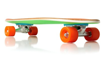 Fototapeta premium A neon-green longboard skateboard with orange wheels and silver trucks on a white reflective surface. Concept Neon Green Longboard, Orange Wheels, Silver Trucks, White Reflective Surface