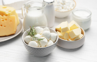 Assorted dairy products including milk, cheese, and butter