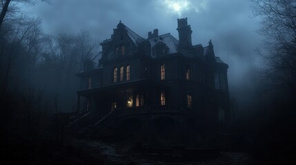 Naklejka premium Spooky Victorian mansion shrouded in mist with eerie lights glowing from windows at night