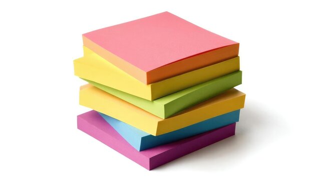 A stack of colorful sticky notes (Post-it notes) in pink, yellow, green, blue, and purple. Concept Colorful Sticky Notes, Post-it Notes, Bright Color Palette, Desk Organization, Office Supplies