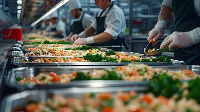 Cooks work in a large kitchen, preparing various ingredients for meals. They chop vegetables and arrange food items in trays for an upcoming event. The atmosphere is busy with focused activity
