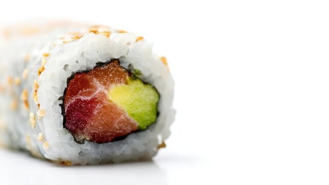 Inside-out sushi roll with tuna and avocado, coated in rice and sesame seeds. Concept Inside-out sushi (uramaki) with tuna and avocado, sesame-coated rice exterior, tuna and avocado uramaki