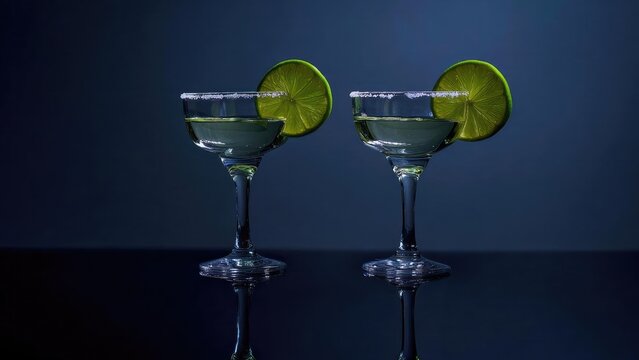 Two margarita cocktails in salted-rim coupe glasses with lime wedges on the rims. Concept Margarita Cocktails, Salted Rim Coupes, Lime Garnish, Coupe Glassware, Summer Party Drinks