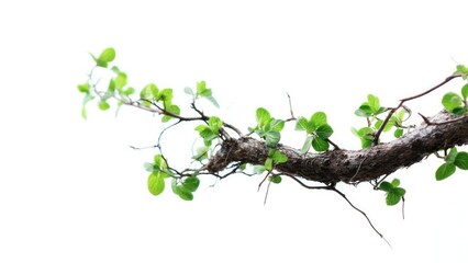 Naklejka premium A weathered branch with small bright green leaves growing along its length against a white background. Concept Weathered branch with bright green leaves