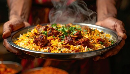 Close Up Of Steaming Chicken Biryani Served In A Silver Platter With Garnish Of Fresh Coriander And Spices