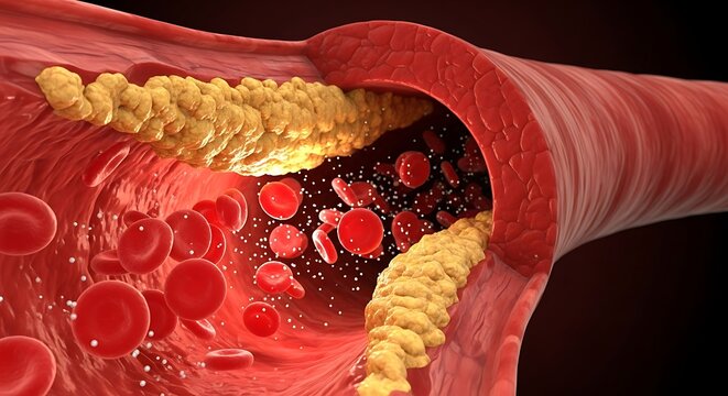 Clogged artery with plaque and blood cells inside