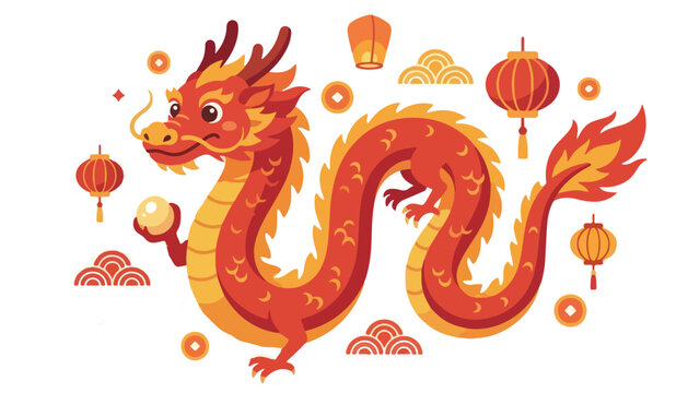 Chinese New Year Dragon Flat Vector Illustration with Lanterns