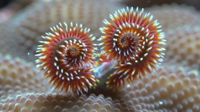 Close-up of vibrant fire coral polyps thriving on a reef showcasing intricate details and the beauty of underwater marine life in a tropical ocean environment