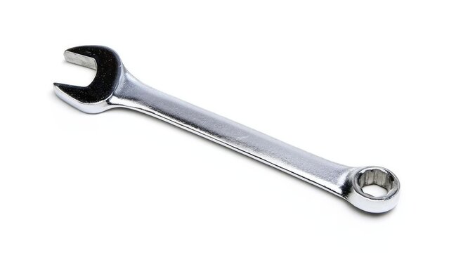 A shiny metal combination wrench with an open-ended jaw on one end and a closed box end on the other. Concept Shiny metal combination wrench, Open-ended and box-end jaws, Garage workshop prop