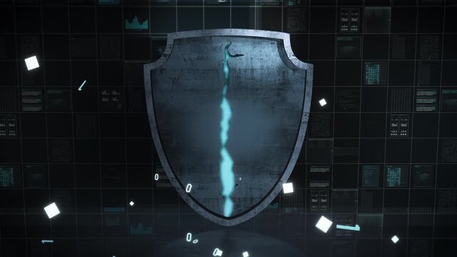 Cybersecurity breach visualization showing a cracked digital shield with glowing data fragments, symbolizing exposed systems, information leaks, hacking threats, and failing digital protection layers.