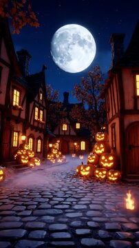 Halloween night in a spooky village with glowing jack-o'-lanterns