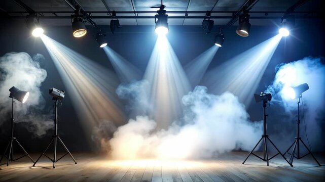 Stage spotlights illuminate fog on wooden floor during performance setup