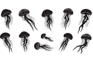 Jellyfish Silhouette Icon Set – Marine Life and Underwater Medusa Vector Illustrations © Vector 4 You