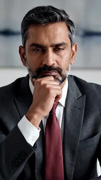 Confident businessman in suit contemplating in modern office setting