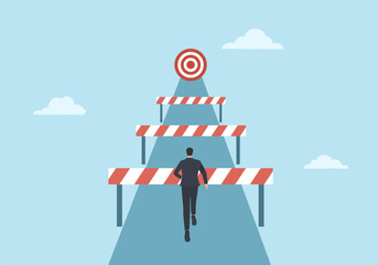 Businessman standing in front of many obstacles and barriers on the way to success. Business challenges.