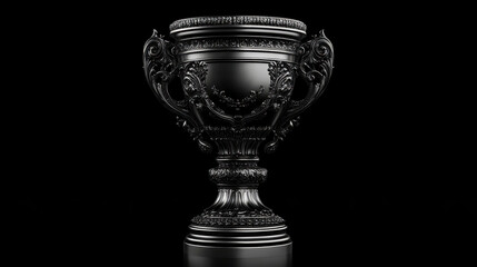 Ornate dark metal trophy with intricate baroque details on a black background