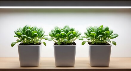 Fototapeta premium Three potted plants on a wooden shelf under light