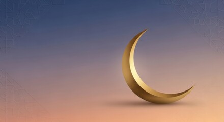 Golden crescent moon in serene twilight with soft gradient for Islamic celebrations.