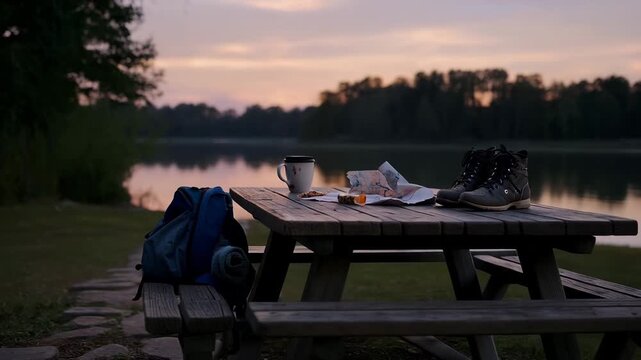 Picnic table by lake at sunset with gear