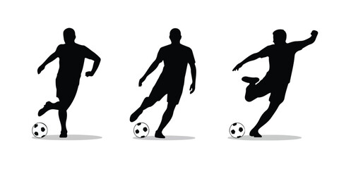 Set of Three Soccer Player Silhouettes in Motion with Footballs.