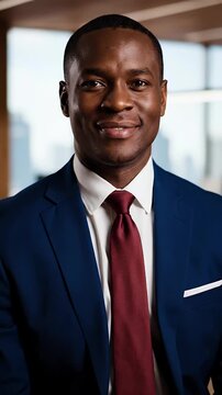 Confident businessman in formal suit smiling in modern office setting