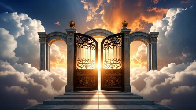 Majestic celestial gates opening to a radiant sunrise sky with fluffy clouds