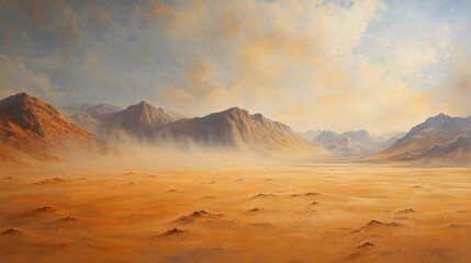 Obraz premium The harsh landscape of arid desert and mountain ranges underlined by fog emphasises the threat of the climate crisis, making it ideal as a dramatic backdrop for environmental presentations.