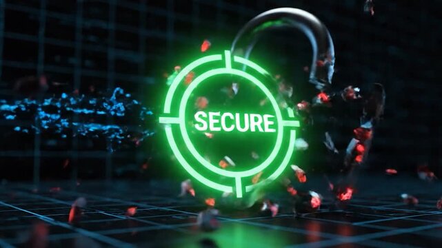 Digital padlock breaking with blue arrow animation cybersecurity concept secure protection data breach risk threat