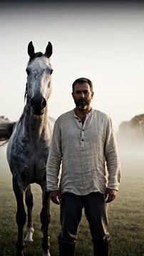 Man standing with horse in misty countryside setting