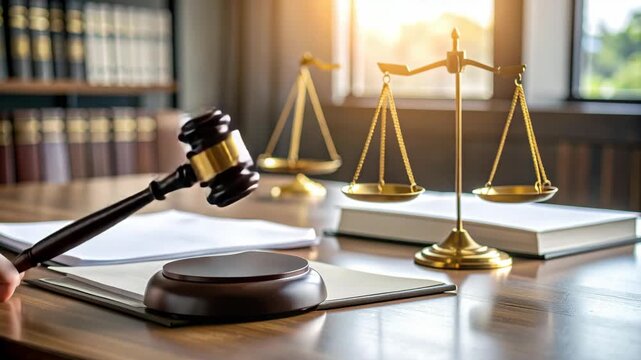 Gavel and scales of justice on courtroom desk with law books in background