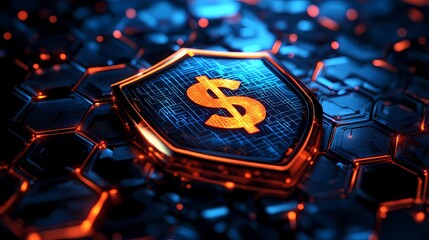 Glowing shield emblazoned with currency symbol rests upon a dark, futuristic hexagonal digital grid.