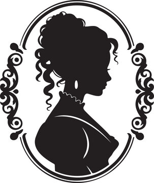 Vintage Aristocrat Woman Silhouette in Ornate Circle Border Classic Regency Era Portrait