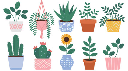 Assorted potted plants in colorful geometric pots displayed in a trendy home decor setting, minimalist high-resolution illustration