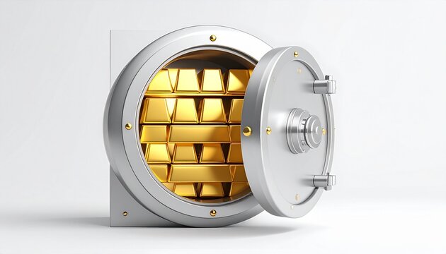 Open circular vault door revealing neatly stacked gold bars inside, symbolizing wealth and secure storage.