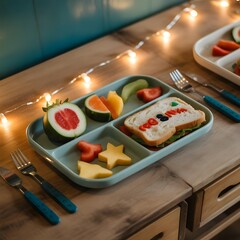 Colorful kids' lunch plate with fruits, vegetables, and sandwiches